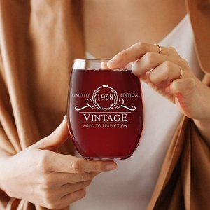 NEW Birthday Gift for Women Men 1958 Vintage 15oz Stemless Wine Glass